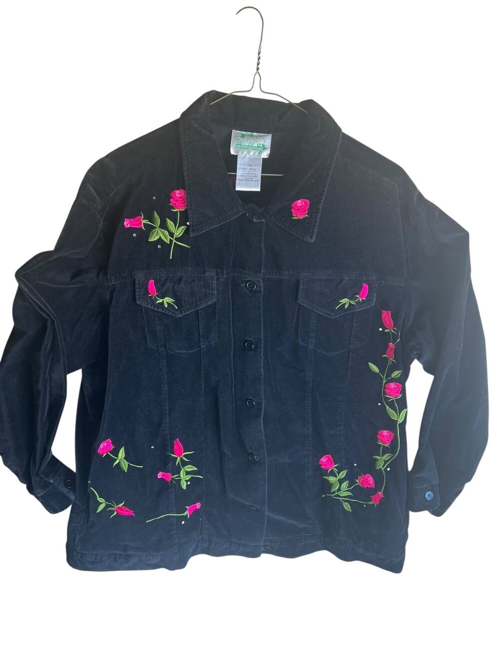 The Quacker Factory Velvet Roses Floral Embroidered Jacket Black Plus Size 1X